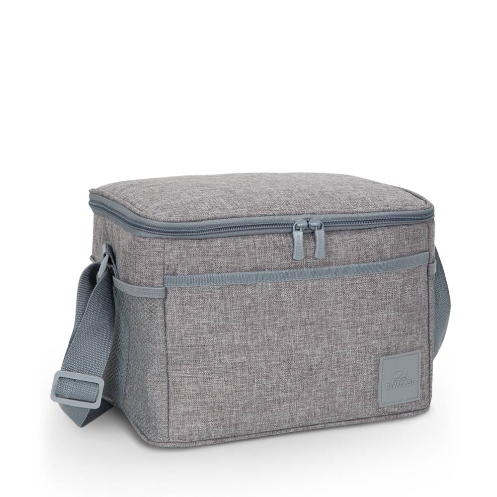 Graue weich gepolsterte Isolierkühlertasche mit Reißverschlussoberseite, Seithengriff und Schultergurt auf weißem Hintergrund.