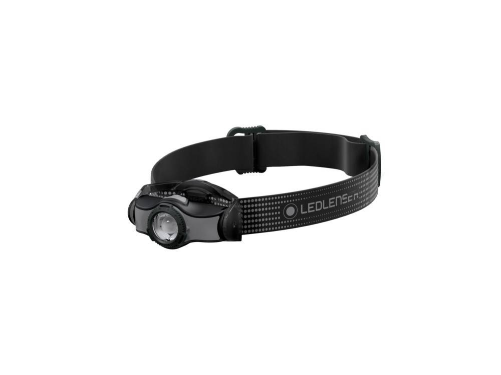 Schwarze LED-Stirnlampe mit verstellbarem Riemen und einzelnem Frontlicht auf weißem Hintergrund.