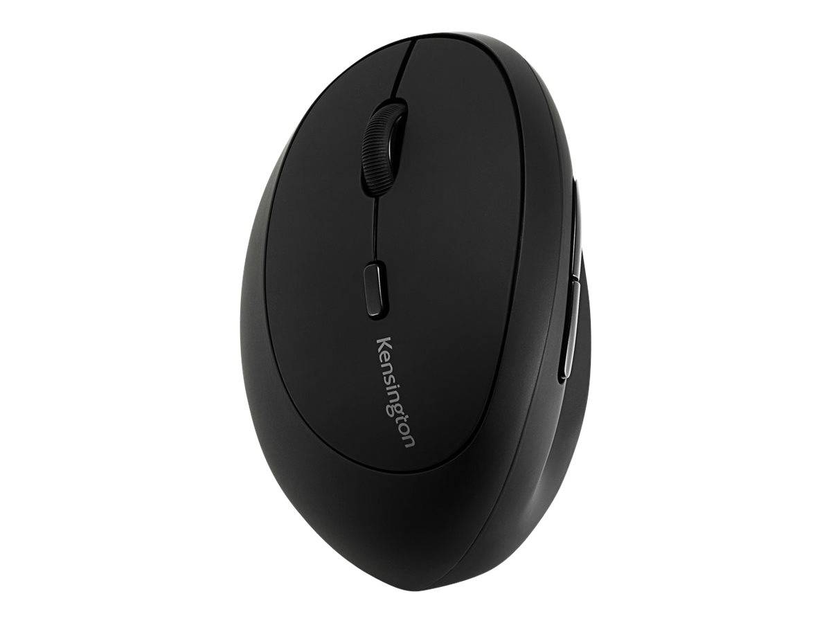 Schwarze kabellose Kensington-Computermaus auf weißem Hintergrund, von oben in einem Winkel betrachtet.
