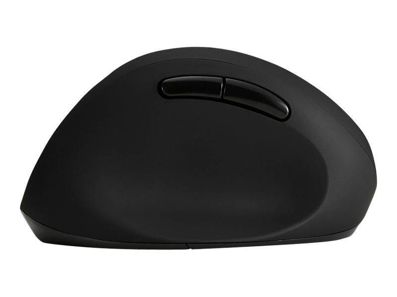 Schwarze kabellose Computermaus in Seitenansicht auf weißem Hintergrund, mit zwei Tasten und einem Scrollrad-Bereich.