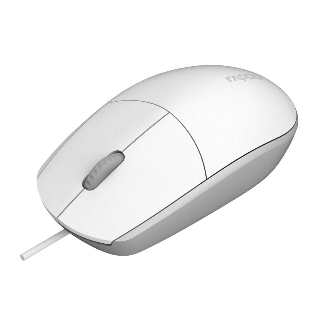 Weiße schnurgebundene Computermaus mit Scrollrad und Kabel, dargestellt auf einfachem Hintergrund.