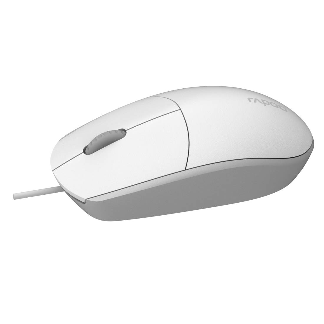 Weiße schnurgebundene Computermaus mit linker und rechter Taste und einem Scrollrad, in Seitenansicht auf einfarbigem Hintergrund dargestellt.