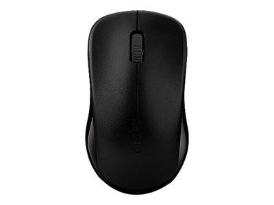 Schwarze kabellose Computermaus von oben auf weißem Hintergrund dargestellt.