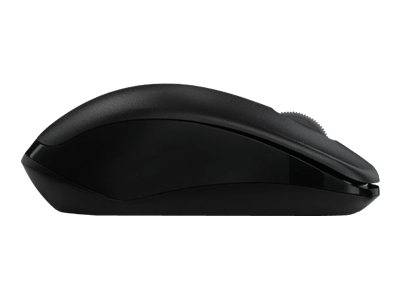 Schwarze kabellose Computermaus, Seitenansicht auf weißem Hintergrund.