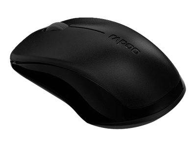 Schwarze kabellose Computermaus mit ergonomischer gebogener Form und Scrollrad, gezeigt auf weißem Hintergrund.