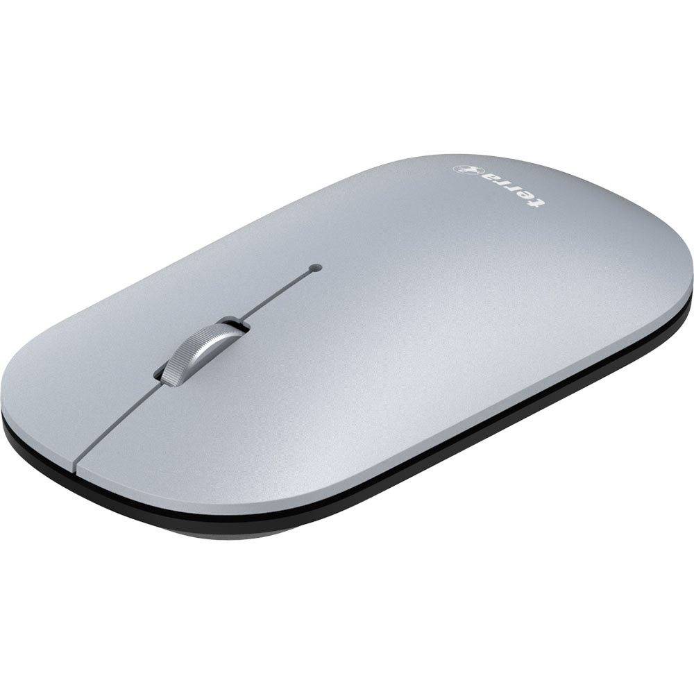 Silberkabellose Computermaus mit Scroll-Rad, auf weißem Hintergrund dargestellt.