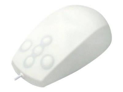 Weiße Computermaus mit vier erhabenen Tasten und einem Kabel, dargestellt vor einem einfachen Hintergrund.