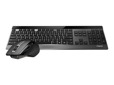 Kabelloses Tastatur- und Mausset auf weißem Hintergrund, mit einer schwarzen Vollgrößen-Tastatur und einer ergonomischen Maus im gleichen Design.