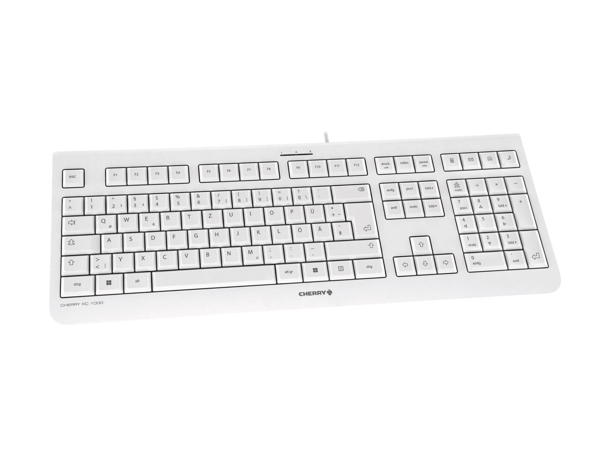 Weiße Vollformatcomputer-Tastatur mit Nummernblock und Pfeiltasten, dargestellt auf einem einfachen Hintergrund.