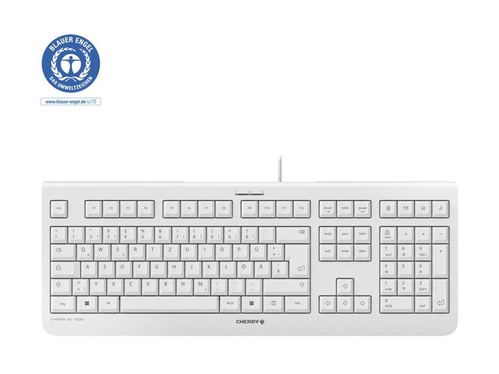 Weiße Cherry-Vollgrößen-Computertastatur mit deutschem Layout und numerischem Tastenfeld, Vorderansicht auf einfachem hellem Hintergrund.