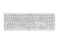 Weiße Desktop-Tastatur mit Vollformat-Layout, Funktionstasten, Navigationcluster und Ziffernblock auf neutralem Hintergrund.