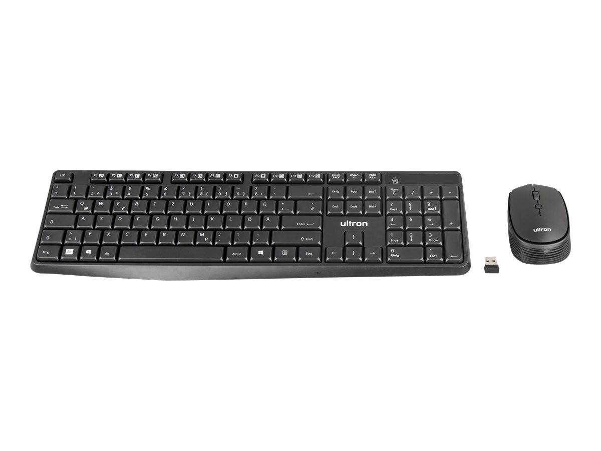 Schwarzes kabelloses Tastatur- und Mausset mit USB-Empfänger auf weißem Hintergrund.