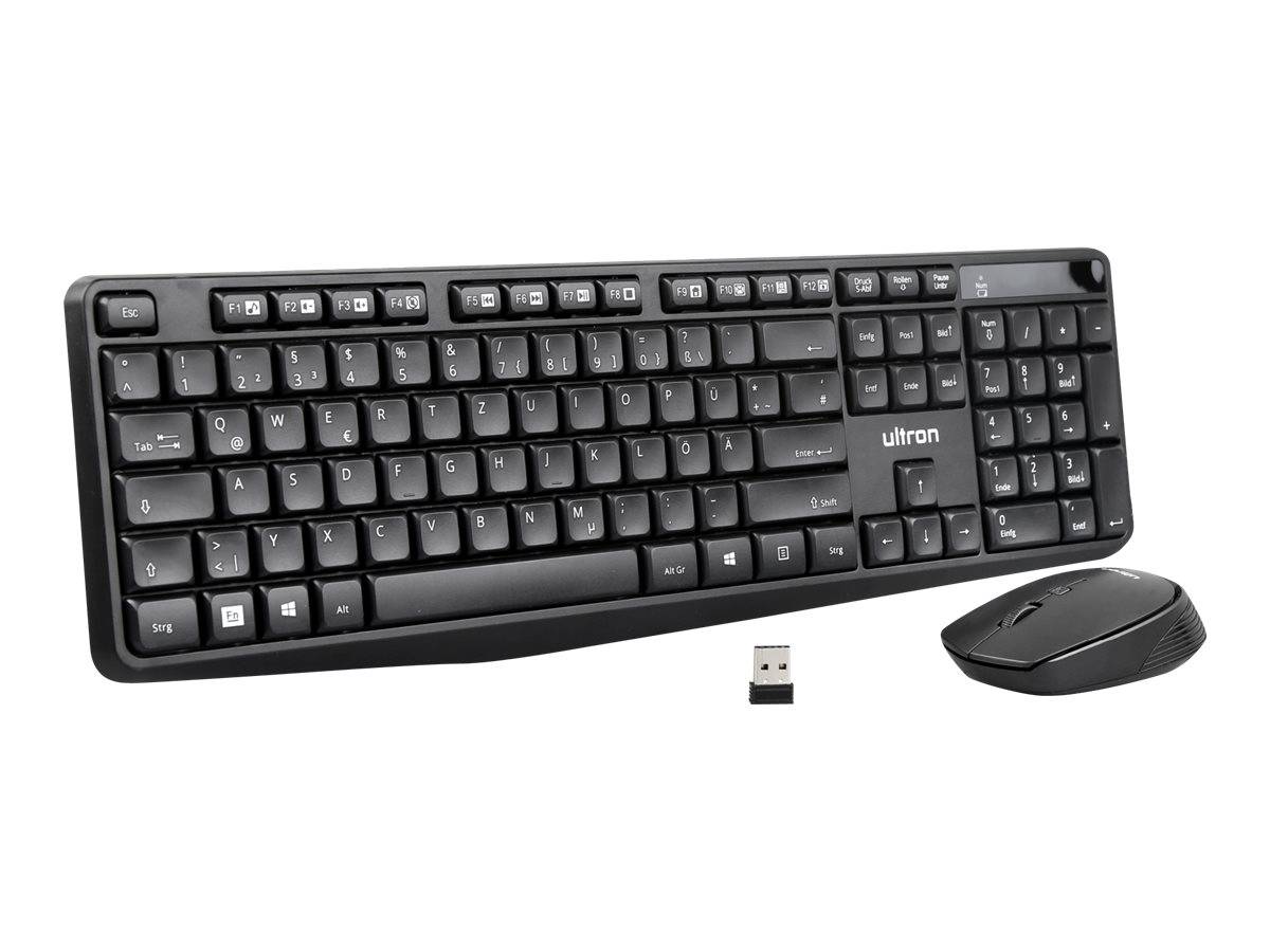 Kabelloses schwarzes Tastatur- und Mausset mit USB-Empfänger auf weißem Hintergrund.