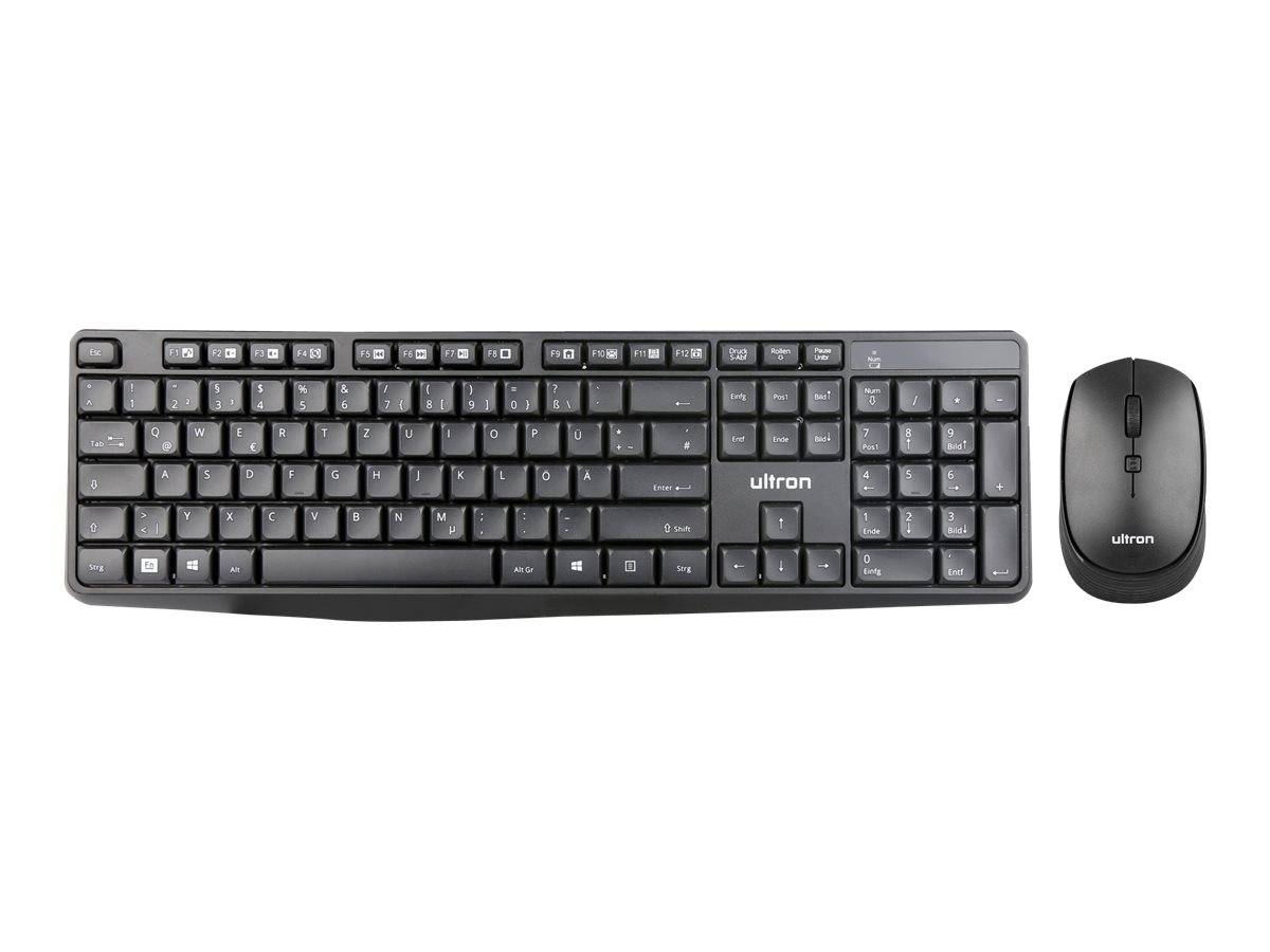 Schwarzes kabelloses Tastatur- und Mausset auf weißem Hintergrund, mit einer Vollgrößen-Tastatur mit Ziffernblock und einer passenden Maus.