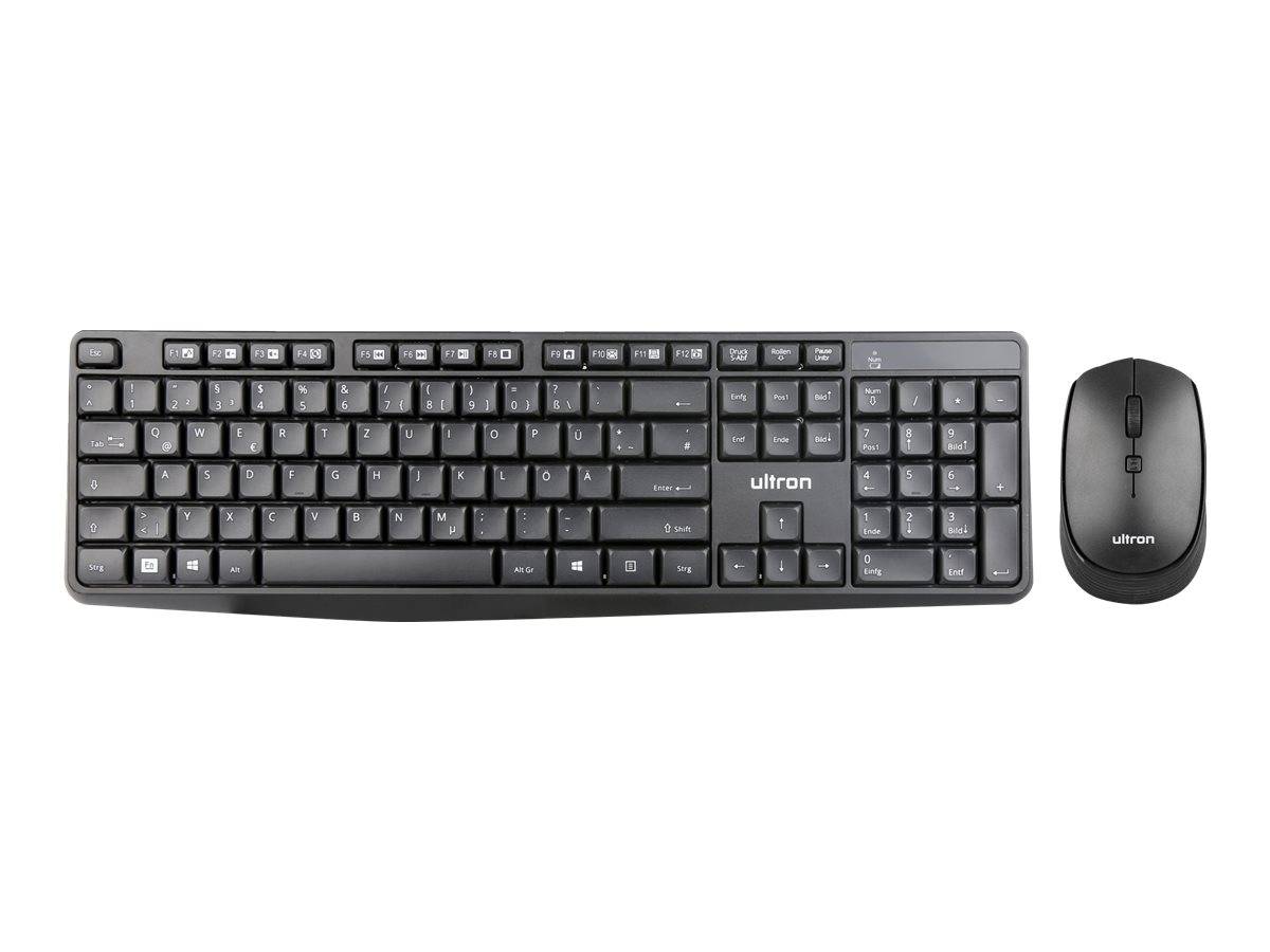 Kabellose schwarze Vollsize-Tastatur mit Ziffernblock und passende Maus auf weißem Hintergrund.