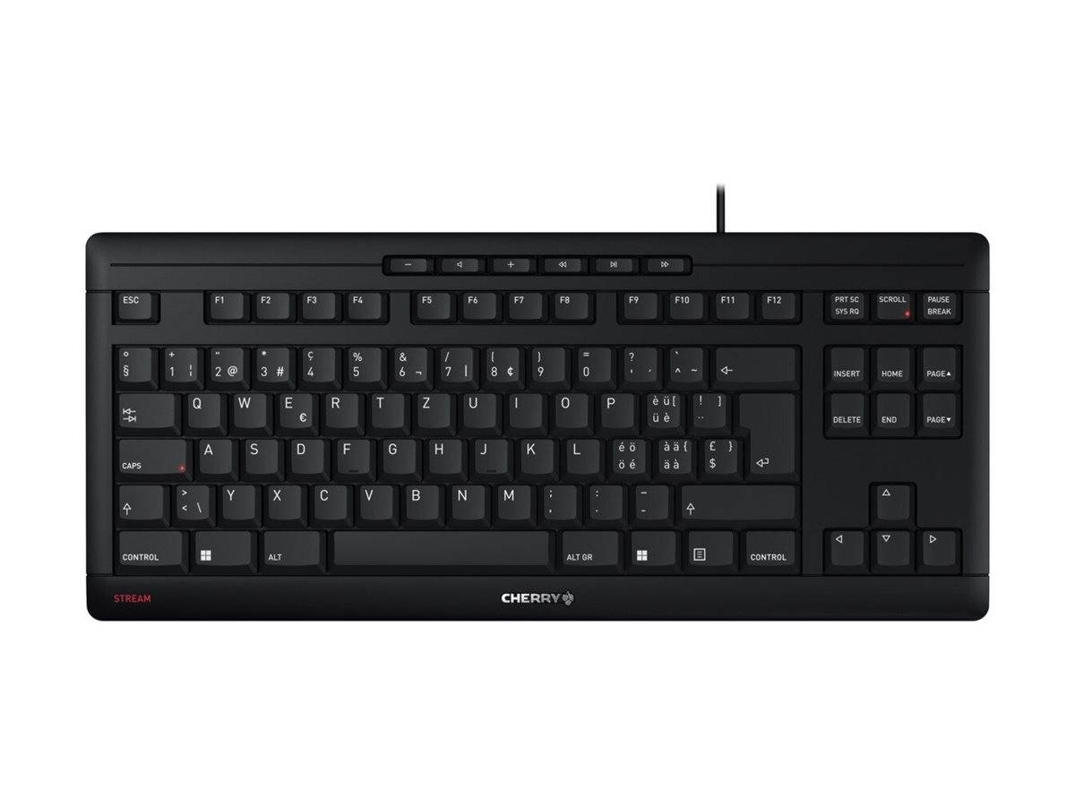 Schwarze CHERRY-Vollsize-Tastatur mit Nummernblock, Funktionstasten, Navigationscluster und sichtbarem Kabel oben.