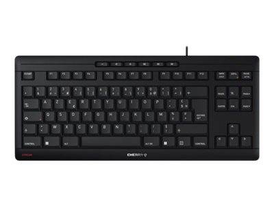 Schwarze vollständige kabelgebundene Tastatur mit numerischem Tastenfeld und Funktionstasten auf weißem Hintergrund.