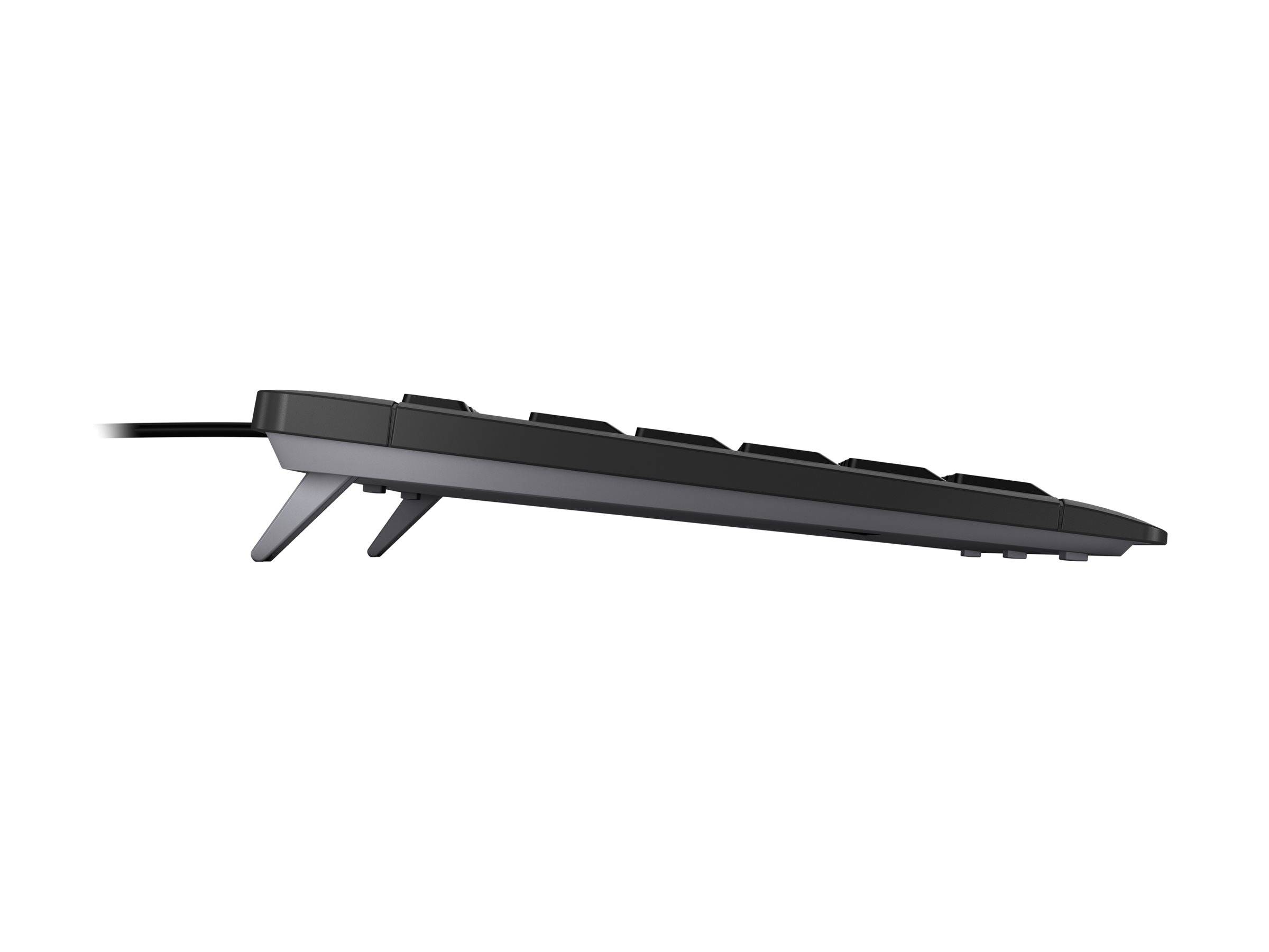 Seitenansicht einer schlanken schwarzen Computertastatur auf weißem Hintergrund, die ihr flaches Design und das angeschlossene Kabel auf der linken Seite zeigt.