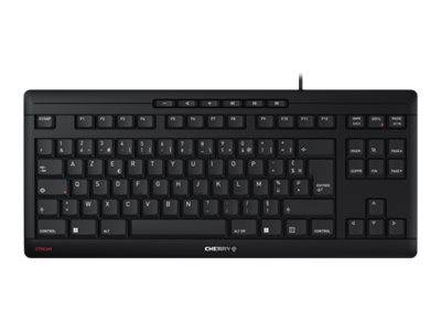 Schwarze vollformatige kabelgebundene Computertastatur mit Ziffernblock und Pfeiltasten auf einfachem weißem Hintergrund.