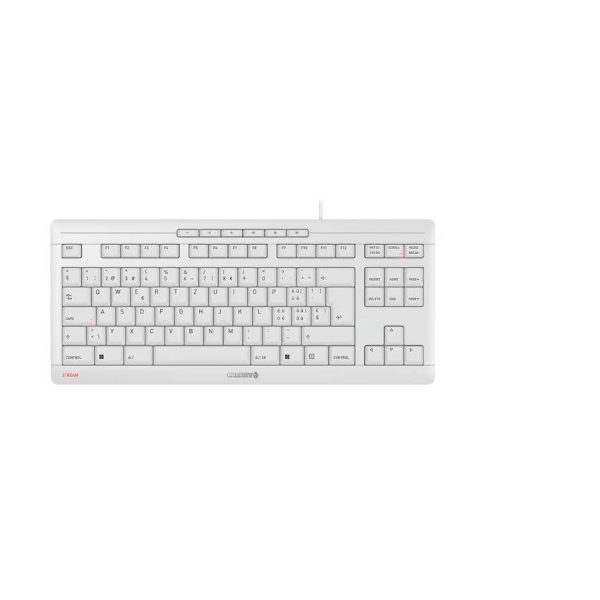 Weiße kabelgebundene Computertastatur von oben auf einfachem weißem Hintergrund gezeigt.