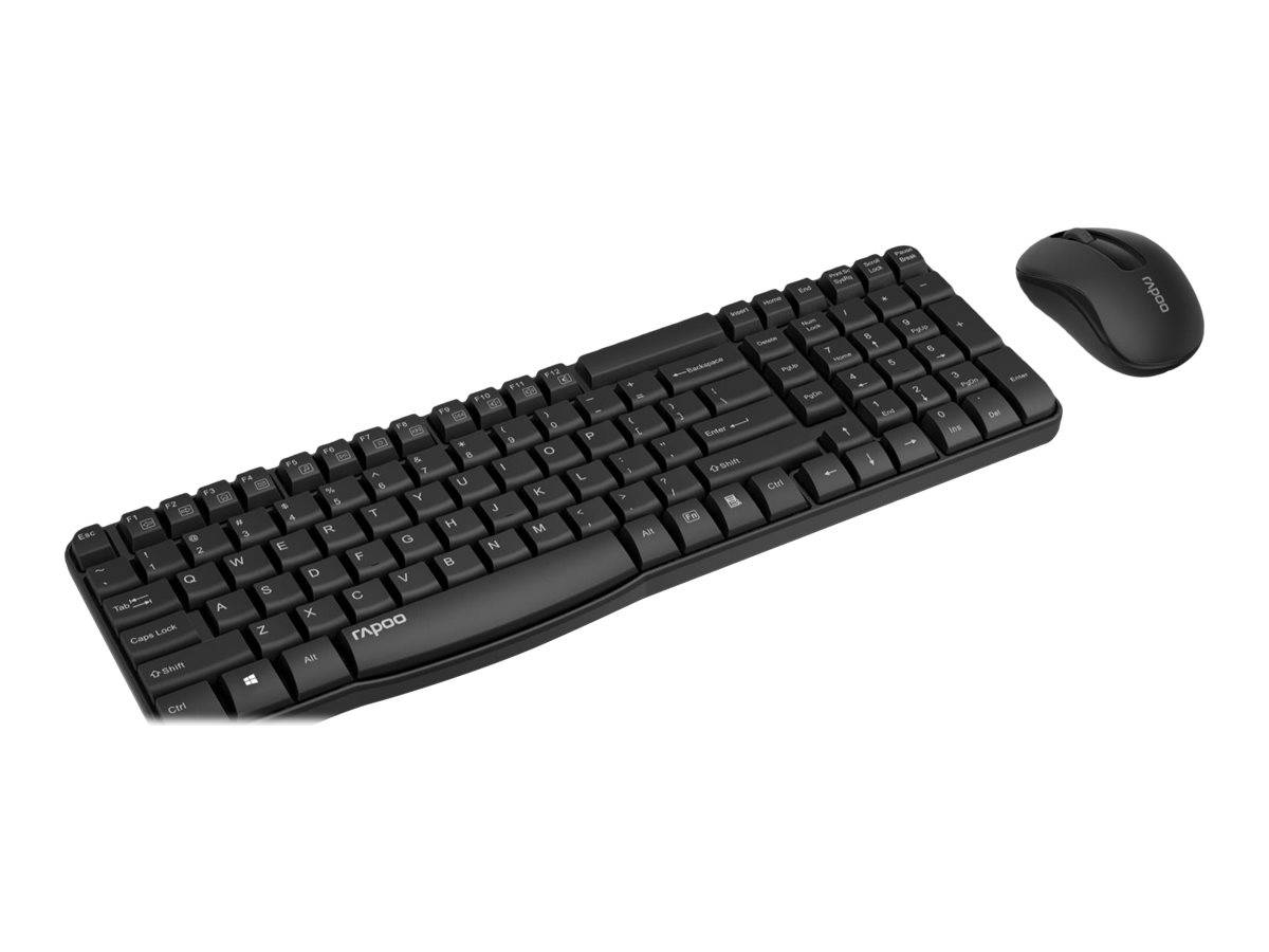 Schwarzes kabelloses Tastatur- und Mausset, das auf weißem Hintergrund gezeigt wird.