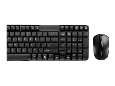 Schwarze kabellose Tastatur und passende Maus auf weißem Hintergrund, dargestellt als Computerzubehörsatz.
