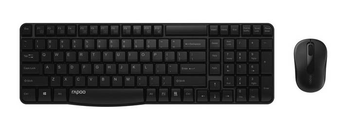 Kabelloses schwarzes Tastatur- und Mausset auf weißem Hintergrund, zeigt eine Vollgrößen-Tastatur mit Zahlenblock und eine passende Maus.