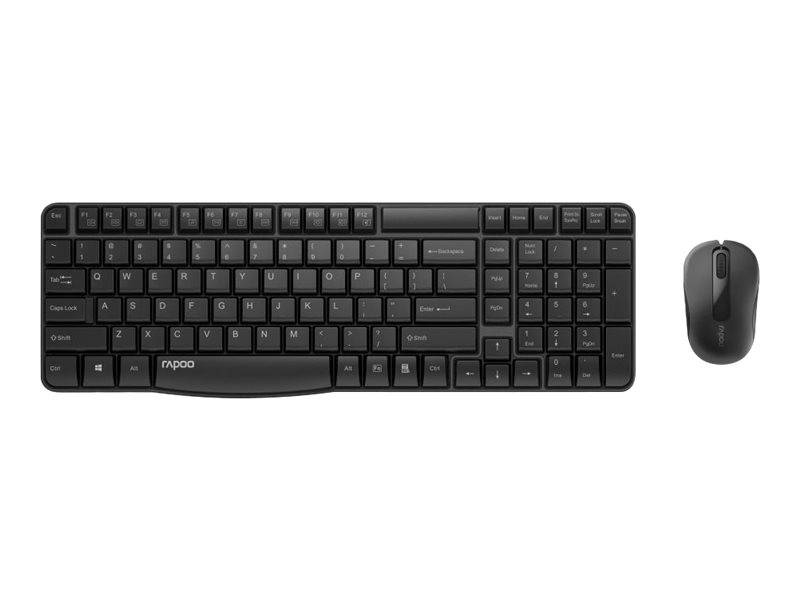 Drahtloses schwarzes Tastatur- und Mausset auf weißem Hintergrund, das eine Vollformat-Tastatur mit Ziffernblock und eine passende Maus zeigt.