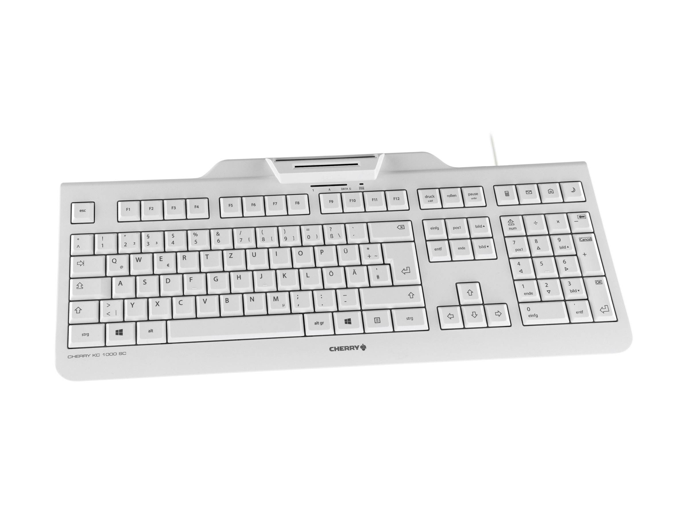 Weiße Vollgröße-Computertastatur mit Nummernfeld und integrierter oberer Dockingstation/Slot, dargestellt auf einfachem Hintergrund.