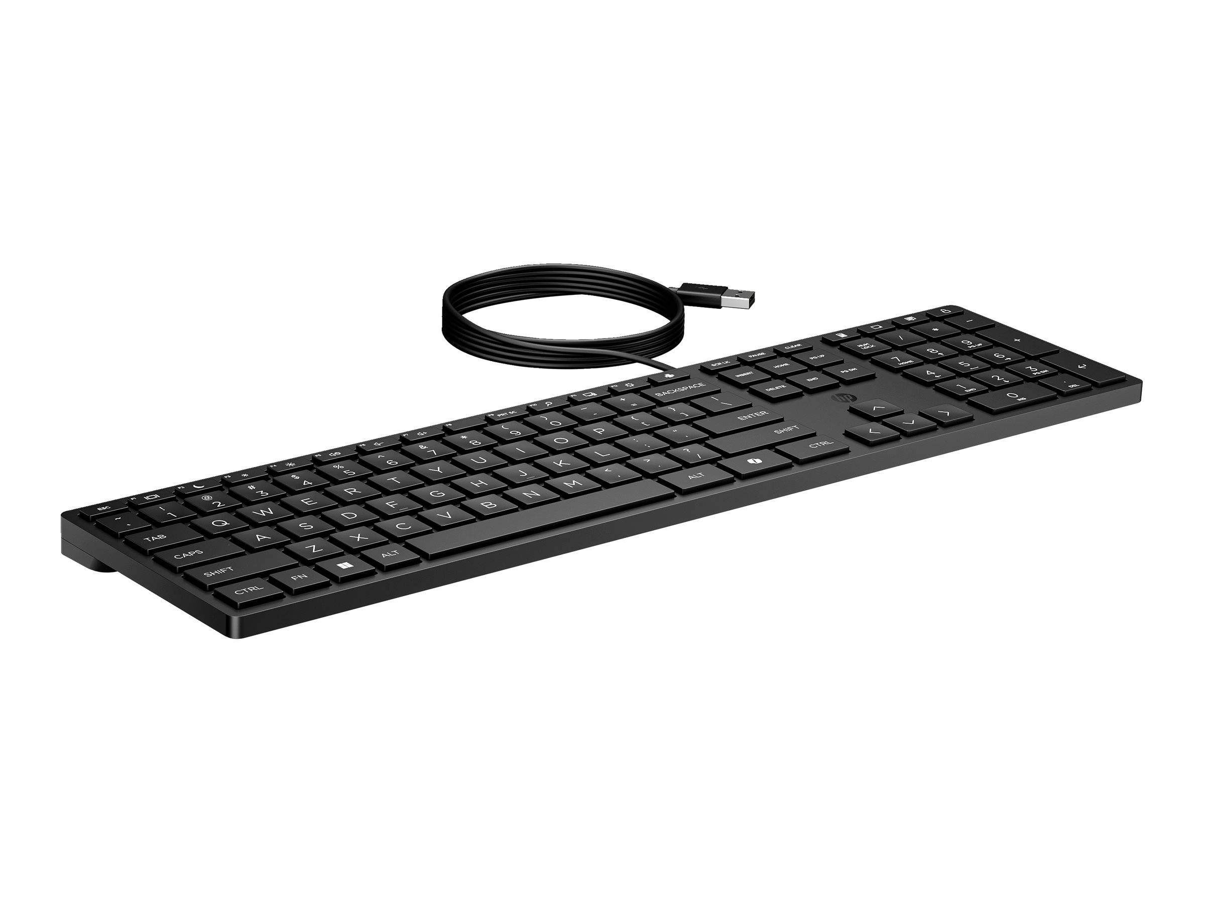 Schwarze kabelgebundene Computertastatur mit USB-Kabel auf weißem Hintergrund.