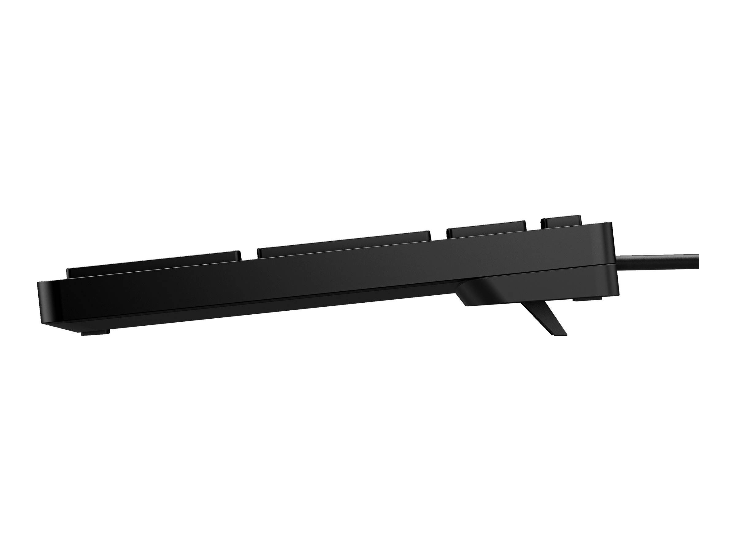 Schwarze längliche Leuchte in Seitenansicht auf weißem Hintergrund, mit sichtbarer Montageklammer und Stromkabel.