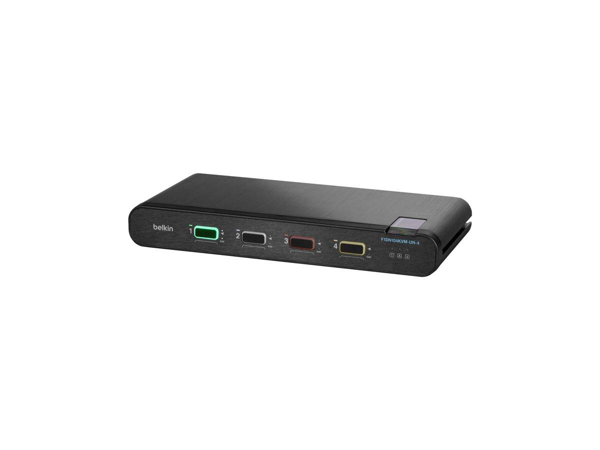 Belkin USB-Schalter-Hub mit vier Anschlüssen, schwarz, mit einem hervorgehobenen grünen Anschluss und drei zusätzlichen farbcodierten Anschlüssen auf der Vorderseite.