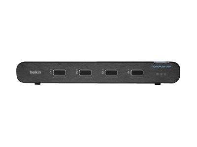 Schwarzer Belkin 4-Port-USB-Schalter mit vier nummerierten Anschlüssen auf der Frontplatte.