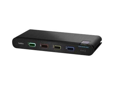 Schwarze Belkin Vier-Port-HDMI-Umschalterbox mit farbcodierte Eingangsanschlüsse auf der Vorderseite.