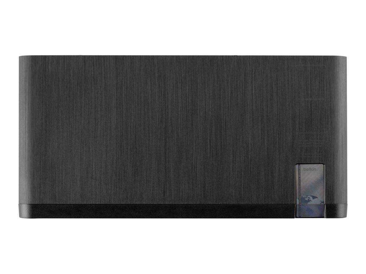Schwarzer, gebürsteter Metalllautsprecher oder Subwoofer mit rechteckiger Form und einem kleinen Bedienfeld in der unteren rechten Ecke.