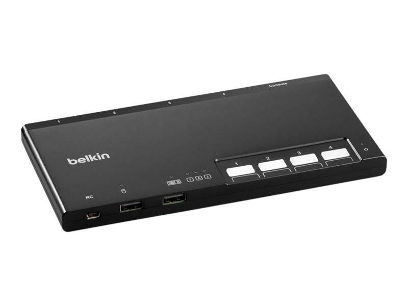Schwarze Belkin KVM-Umschalterbox mit vier nummerierten weißen Drucktasten auf der Frontplatte.