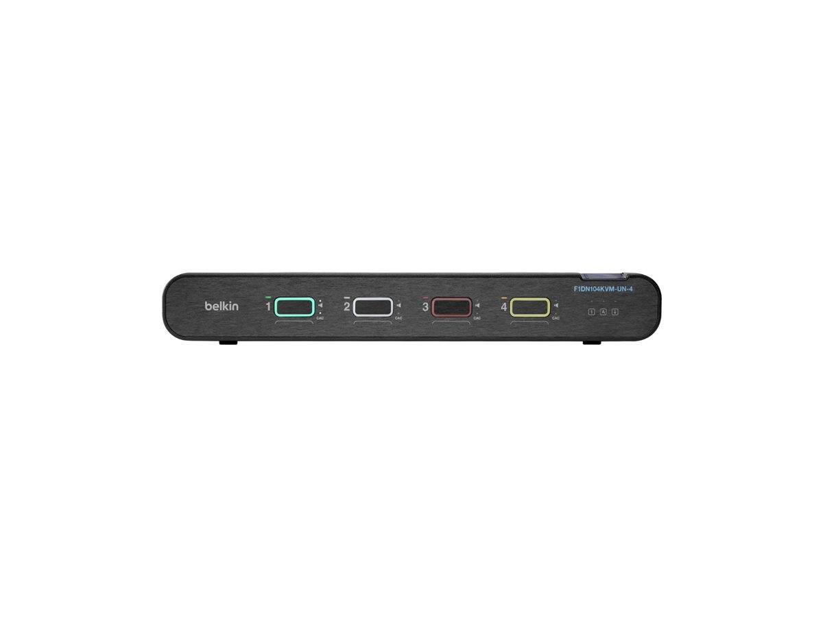 Belkin Vier-Port-KVM-Umschalter mit nummerierten farbigen Tasten auf einem schwarzen rechteckigen Gerät.