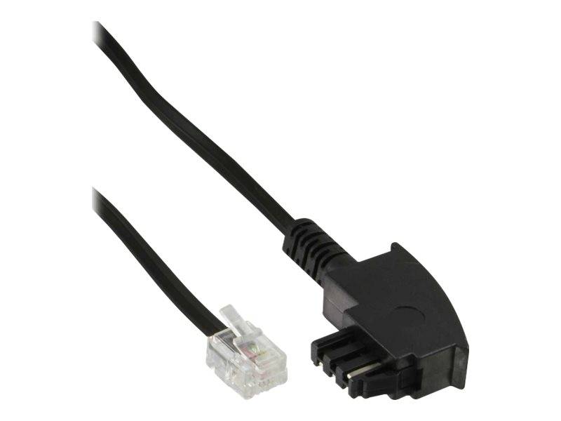 Schwarzes Kabel mit einem modularen Steckverbinder-Adapter und einem durchsichtigen RJ-ähnlichen Stecker auf weißem Hintergrund.