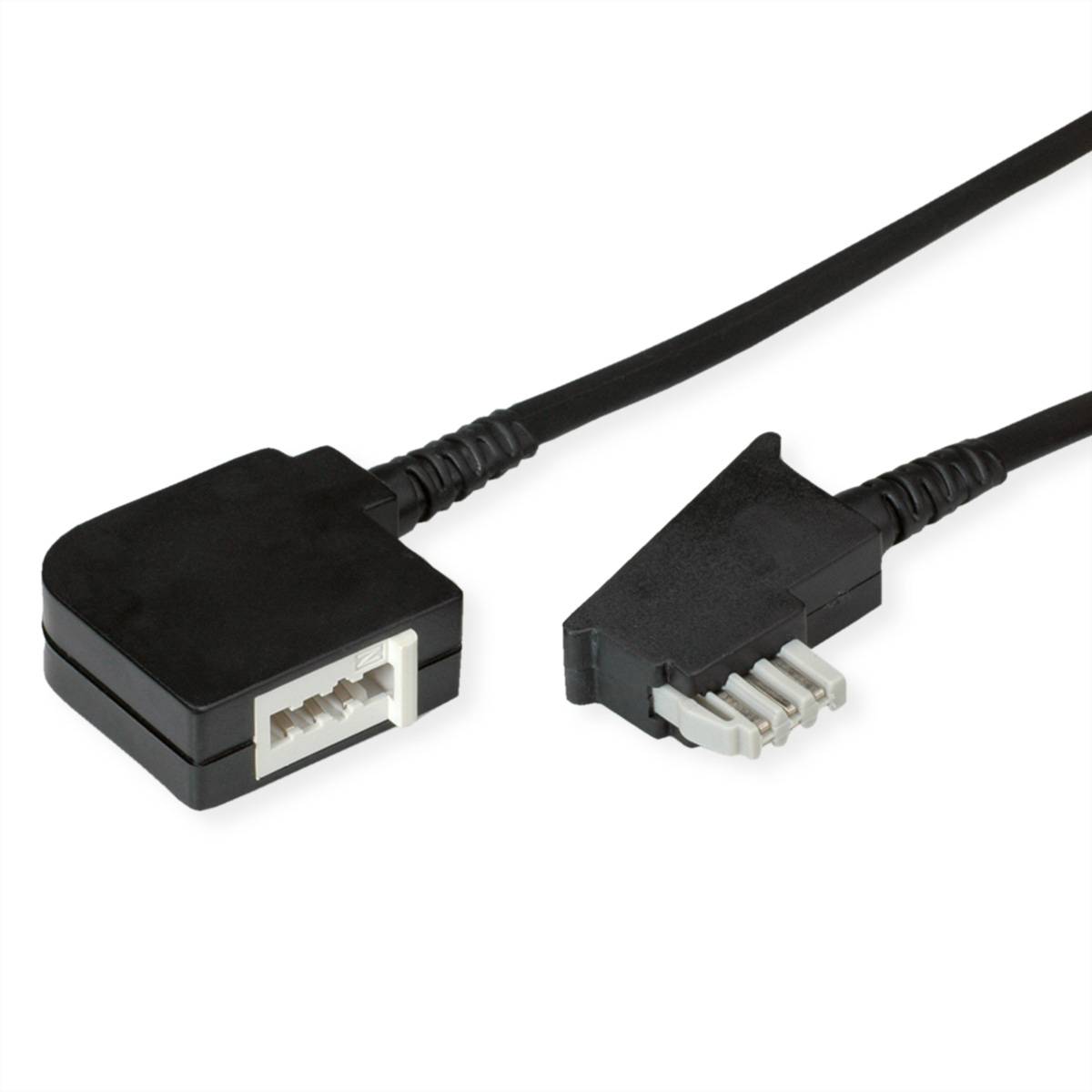 Schwarzes Telefonadapterkabel mit Modulstecker auf der einen Seite und Buchse auf der anderen Seite