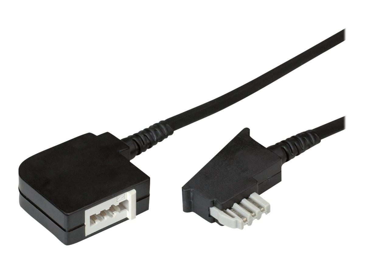 Ein schwarzes Telefon-Splitter-Kabel mit einer weiblichen Buchse und einem männlichen Stecker auf weißem Hintergrund.