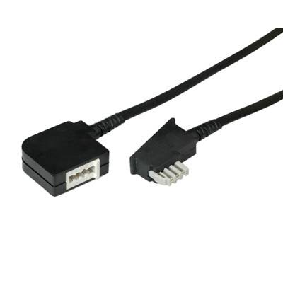 Schwarzes Kabel mit modularen Steckverbindern, zeigt eine rechteckige Buchse und einen Stecker mit drei Metallstiften, auf weißem Hintergrund.