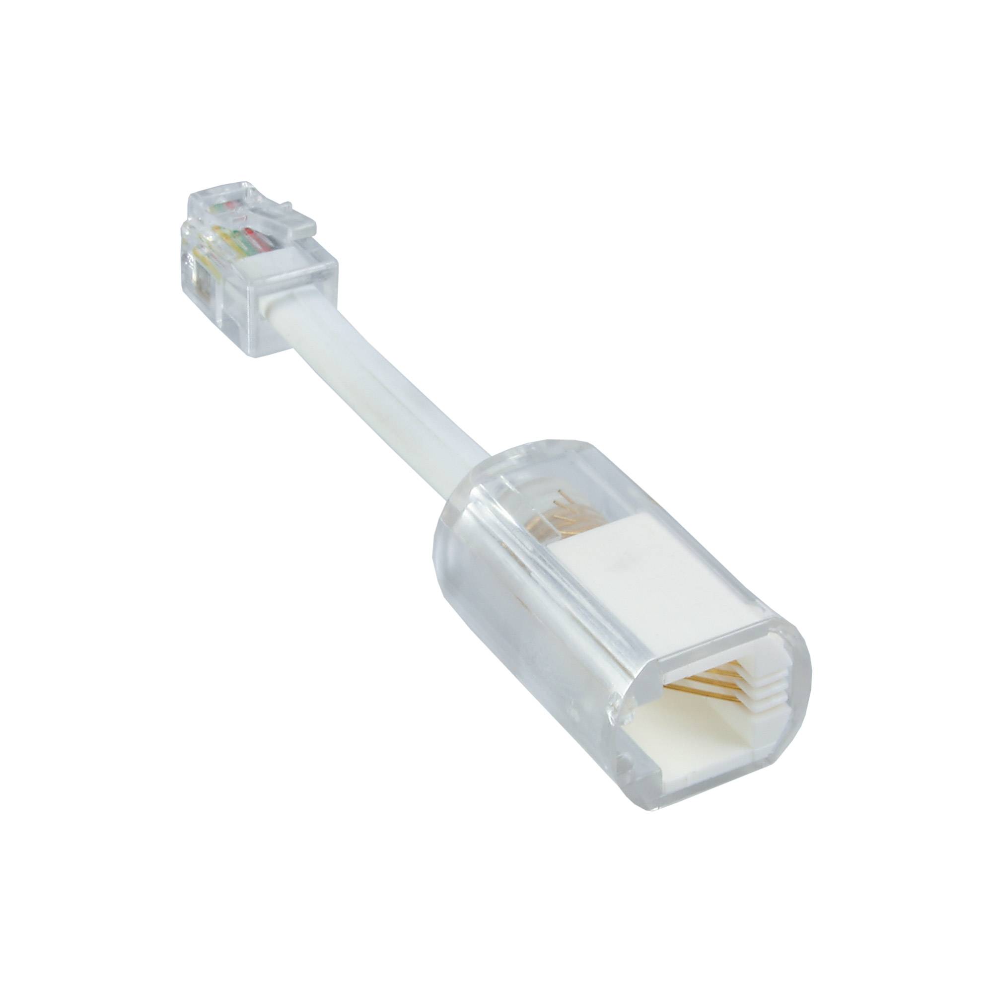 Ein transparenter RJ45-Ethernet-Kupplungsadapter mit zwei weiblichen Kabelenden, die durch eine kurze weiße Brücke verbunden sind.