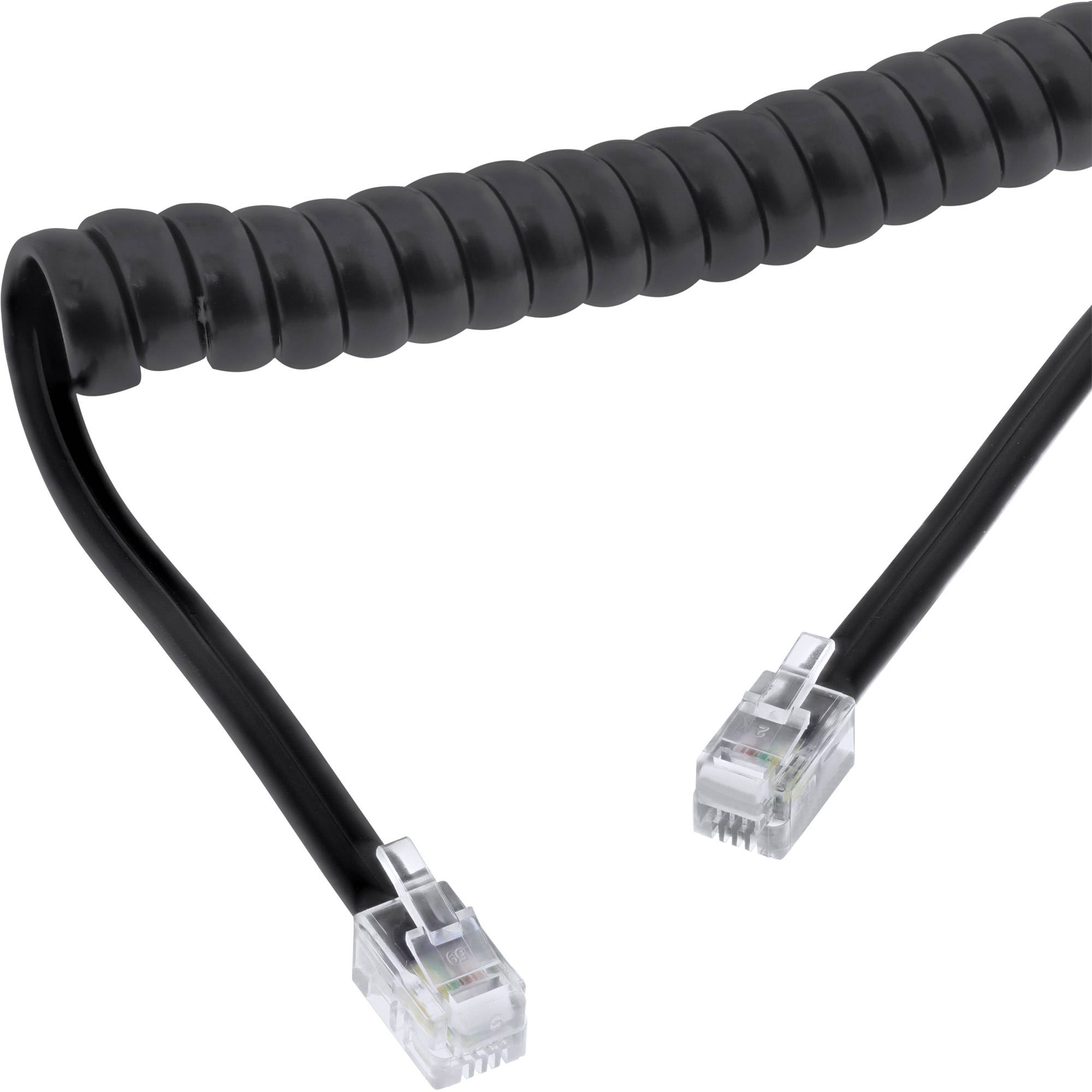 Schwarzes aufgerolltes Telefonkabel mit zwei durchsichtigen modularen RJ-Steckern auf weißem Hintergrund.