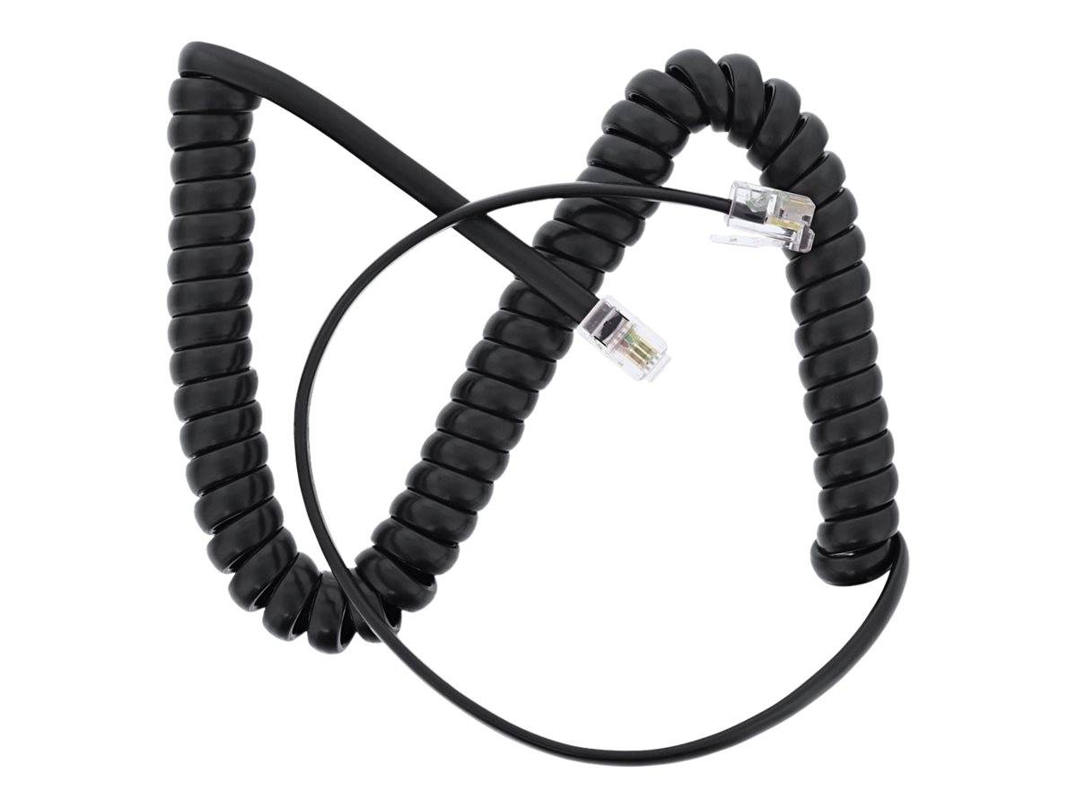 Schwarzes spiralförmiges Telefonhörer-Kabel mit zwei durchsichtigen RJ-ähnlichen Steckverbindern auf weißem Hintergrund.