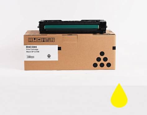 Ricoh schwarze Druckpatronenschachtel mit Patrone oben, auf weißem Hintergrund mit gelbem Tropfensymbol darunter dargestellt.