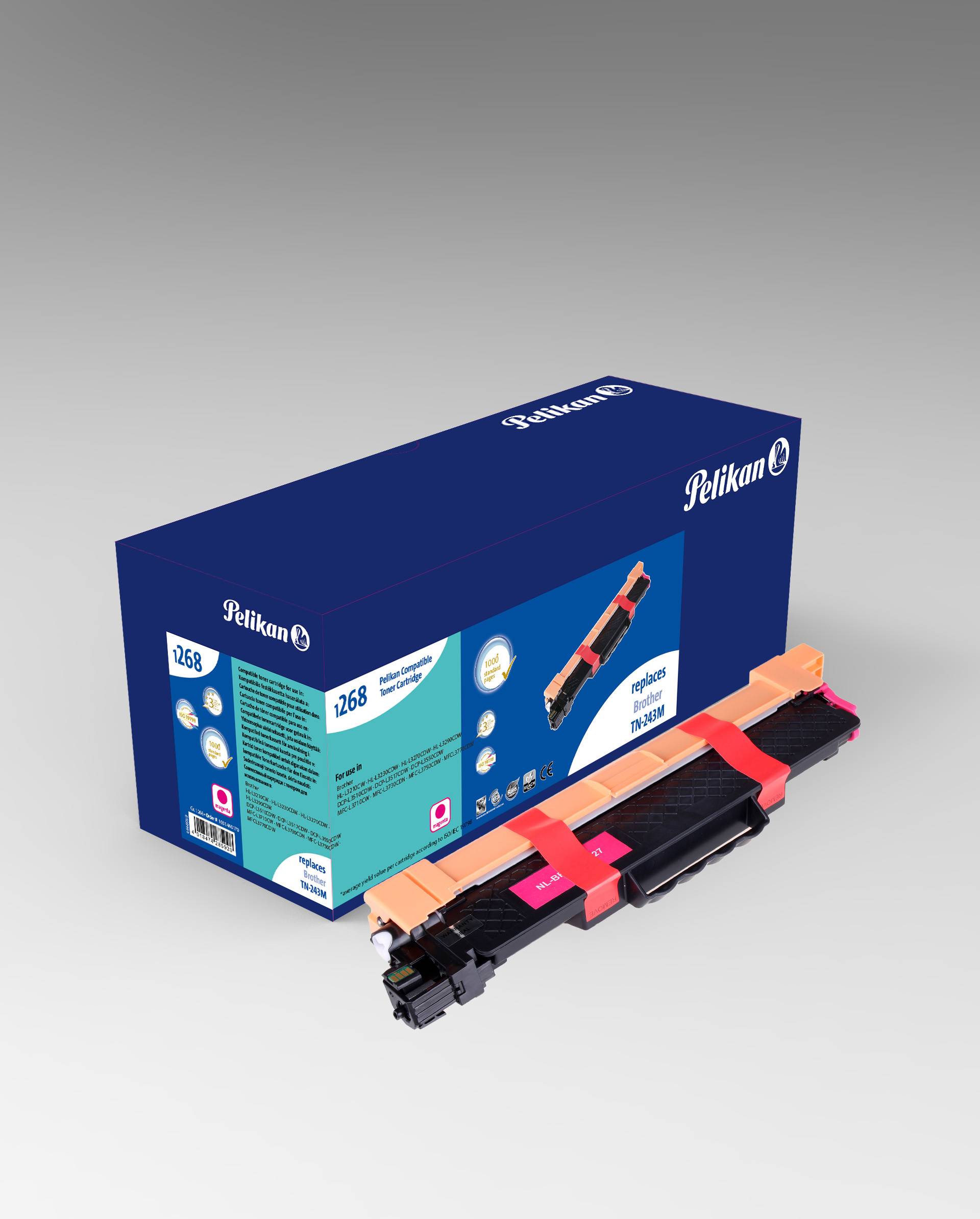 Pelikan Tonerkartusche mit einer schwarz-rosa Kartusche, die vor einer blauen Schachtung mit der Aufschrift 