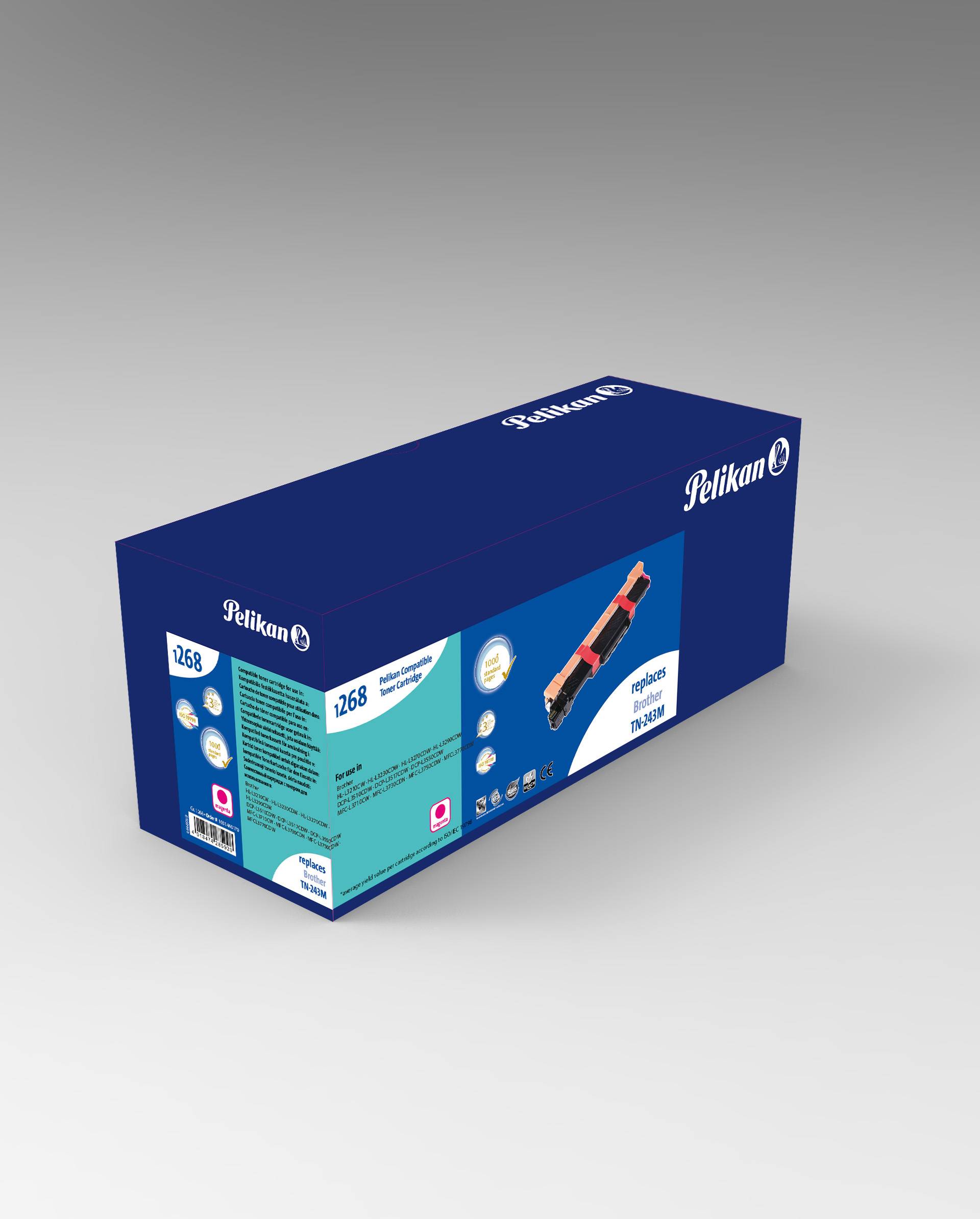 Blaue Pelikan-Produktbox mit einem gedruckten Bild eines rot-schwarzen Stifts und einer Beschriftung „268