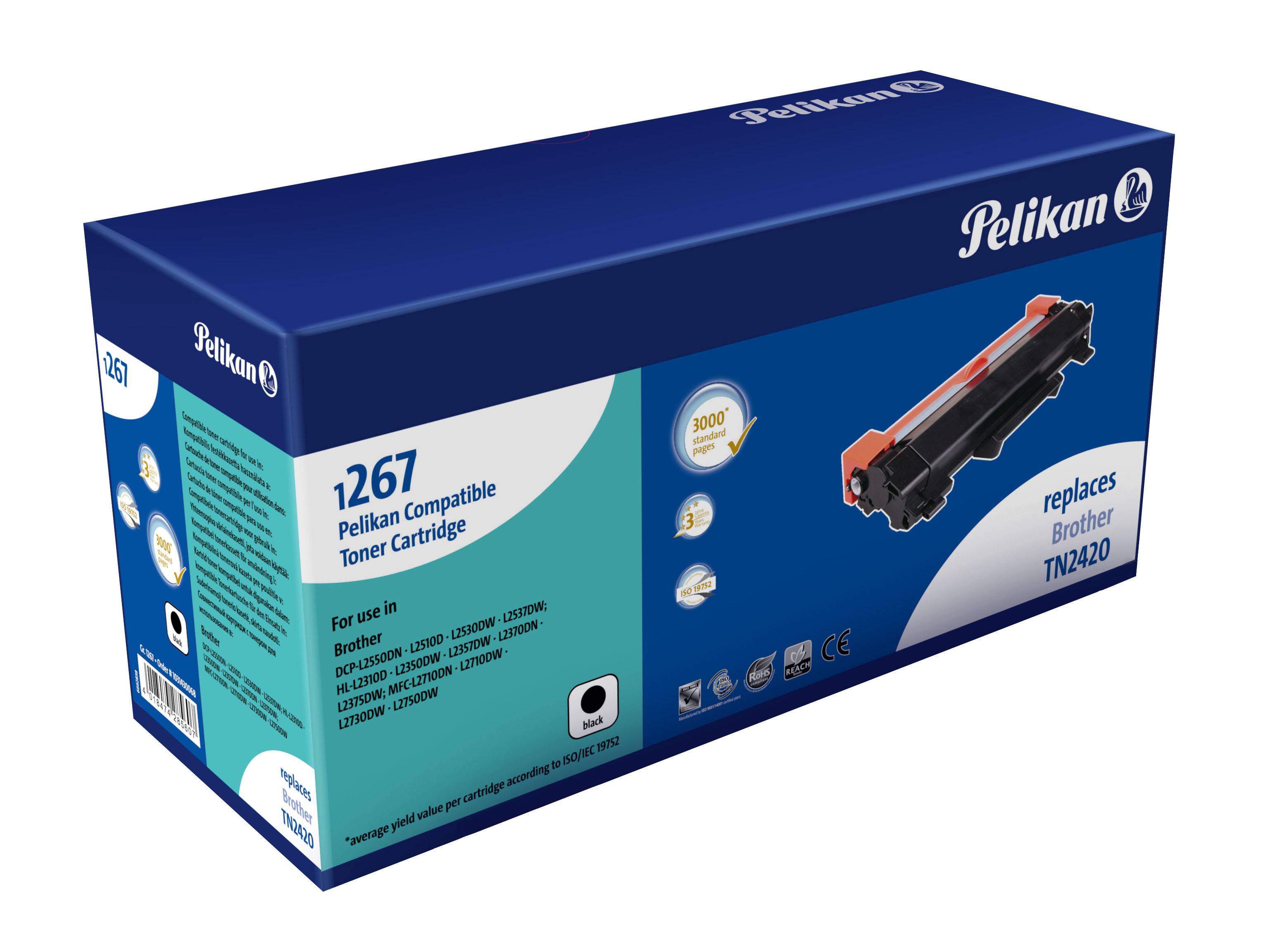 Pelikan 1267 kompatible Tonerkartusche, blaue Verpackung als Ersatz für Brother TN2420 gekennzeichnet.