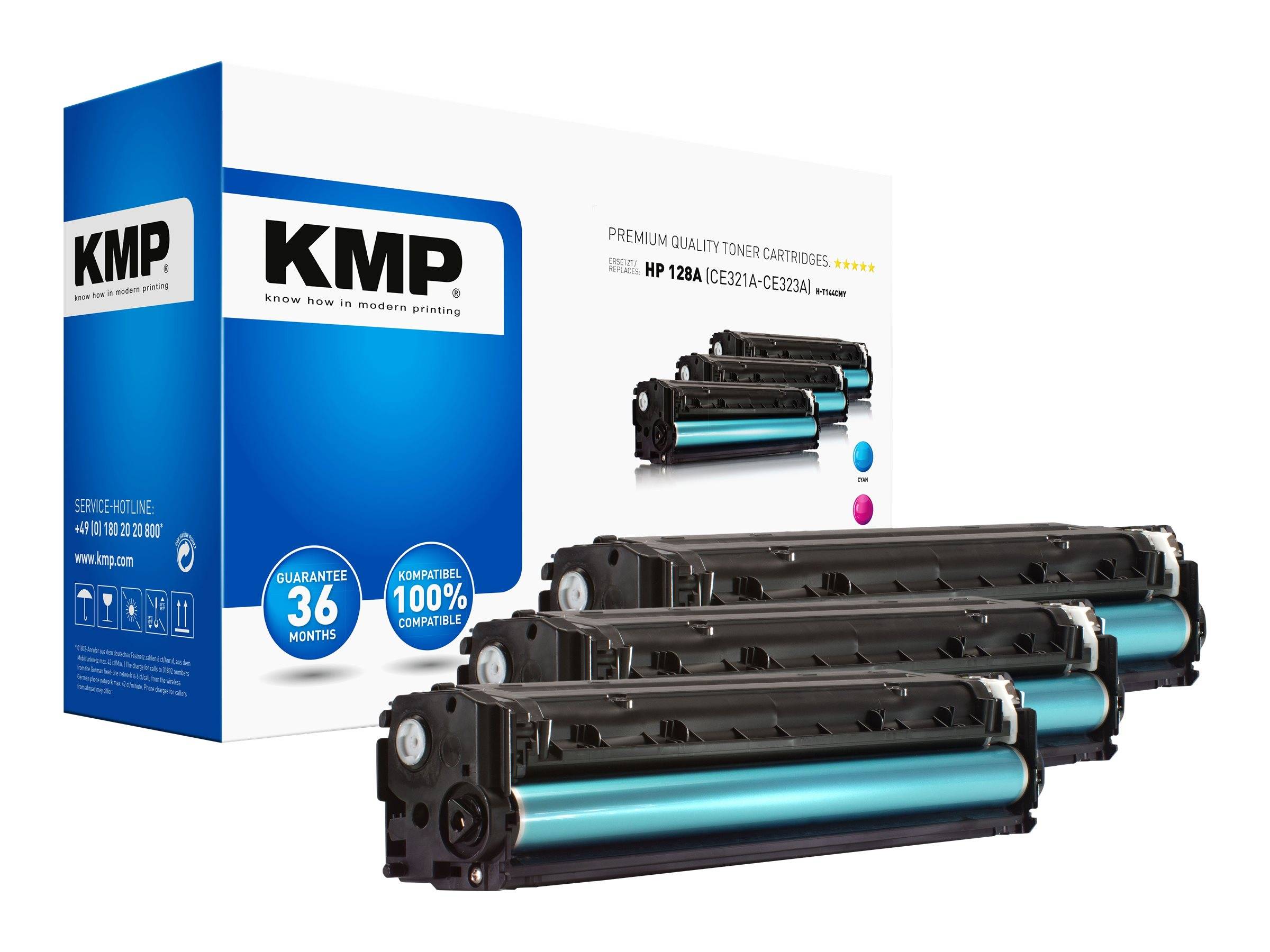 KMP Premium-Qualität Tonerpatronen Verpackung mit drei schwarzen und cyan HP 128A-kompatiblen Tonerpatronen, die vorne angezeigt werden.