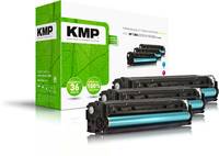 KMP-Druckertoner-Kartuschverpackung in Grün mit zwei schwarz-cyan Trommelkartuschen vorne auf weißem Hintergrund angezeigt.